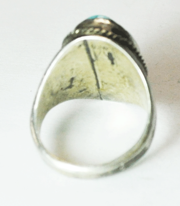 Sterling Silver Oval Turquoise Chunk Longhorn Signed Ring 25mm Size 12-1/4
