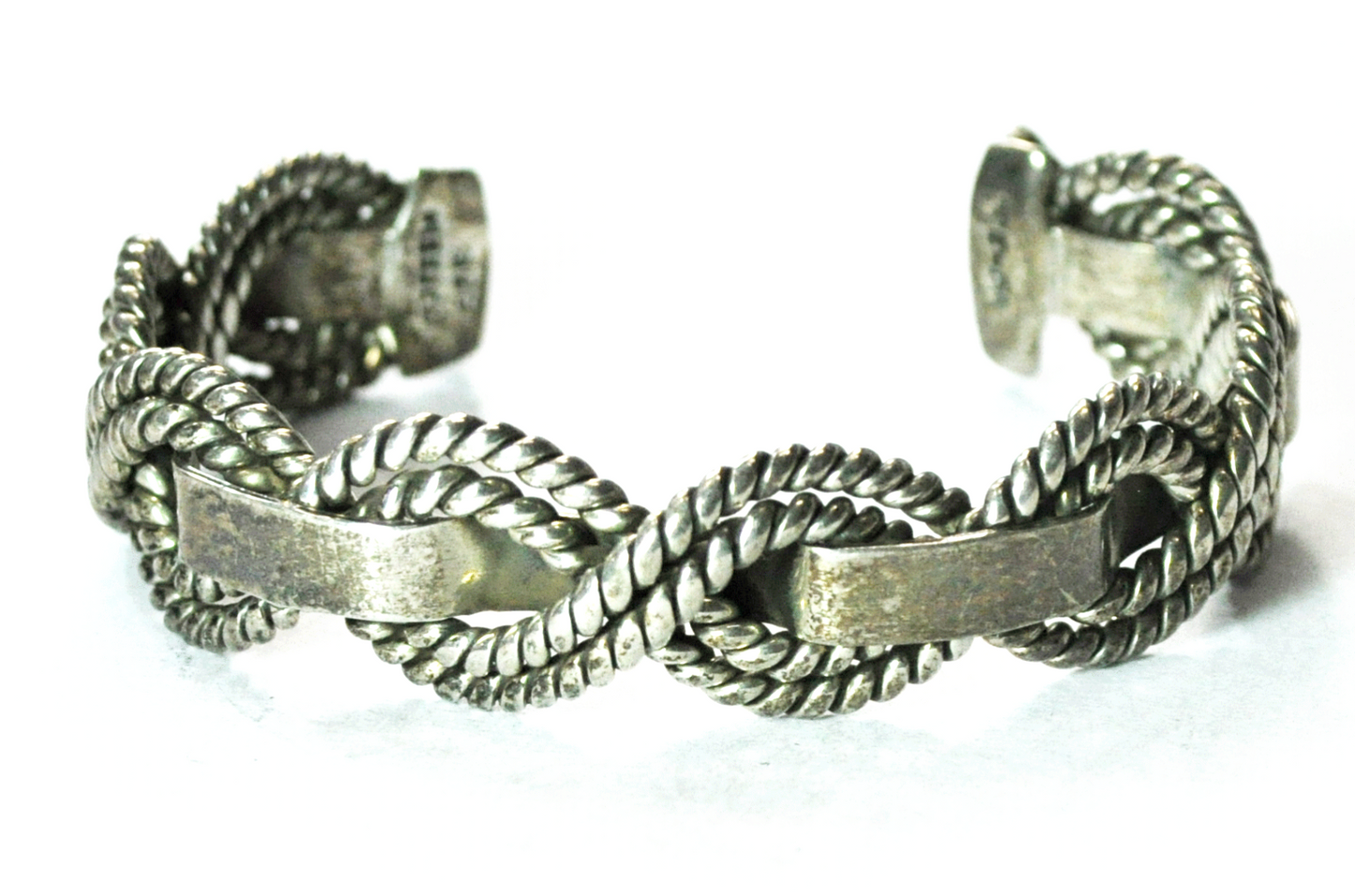 Sterling Silver TE-51 Mexico Bar Thru Weave Cuff Bracelet 17mm 7" Wrist 42g