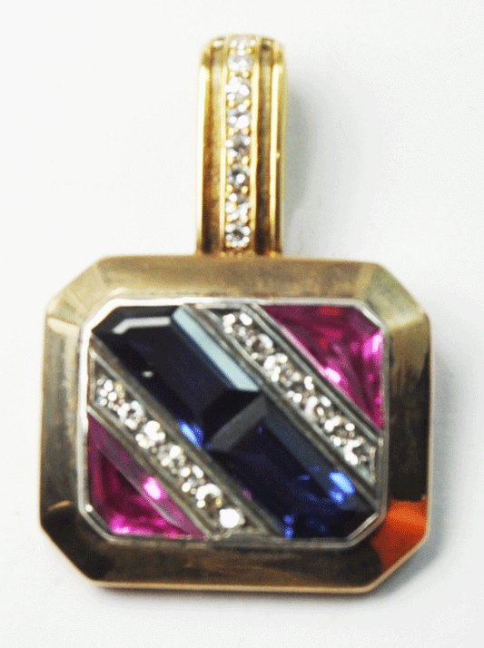 Antique Gold Diamond Pendant Pink Blue LC Stones Square Brick Pattern