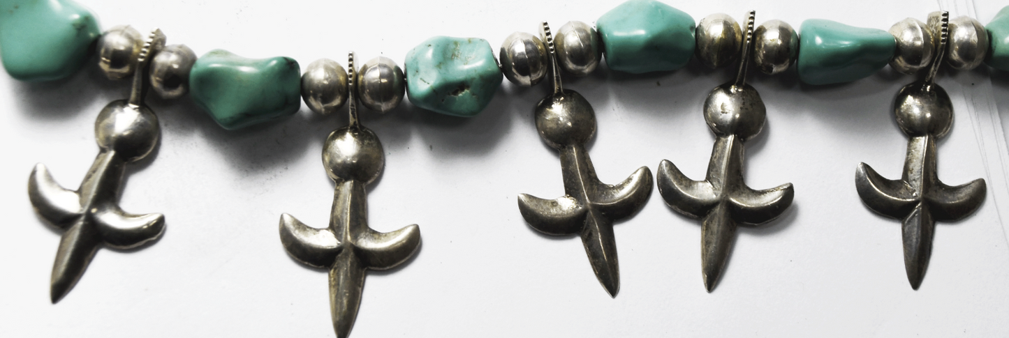 Sterling 12mm Turquoise 1.5" Fleur De Lis Sandcast 33" Squash Blossom 2.75" Naja