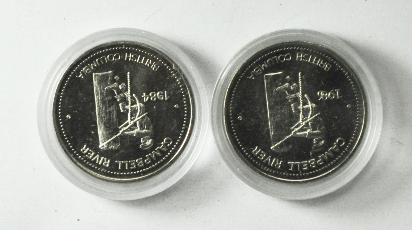1983 & 86 $1 Canada Trade Dollars 34mm Tyee Plaza Campbell River BC
