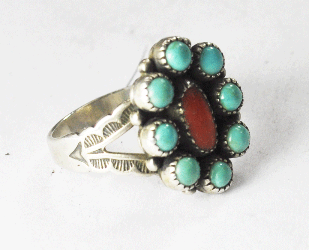 Sterling Silver Turquoise Halo Cluster Coral Ring Signed JP 16mm Size 4.5