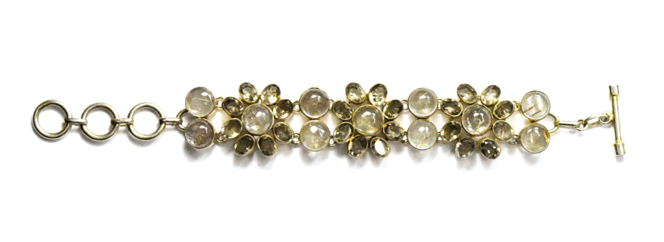 Sterling Silver Rutilated Quartz Flower Cluster Toggle Bracelet 28mm 8-1/2"