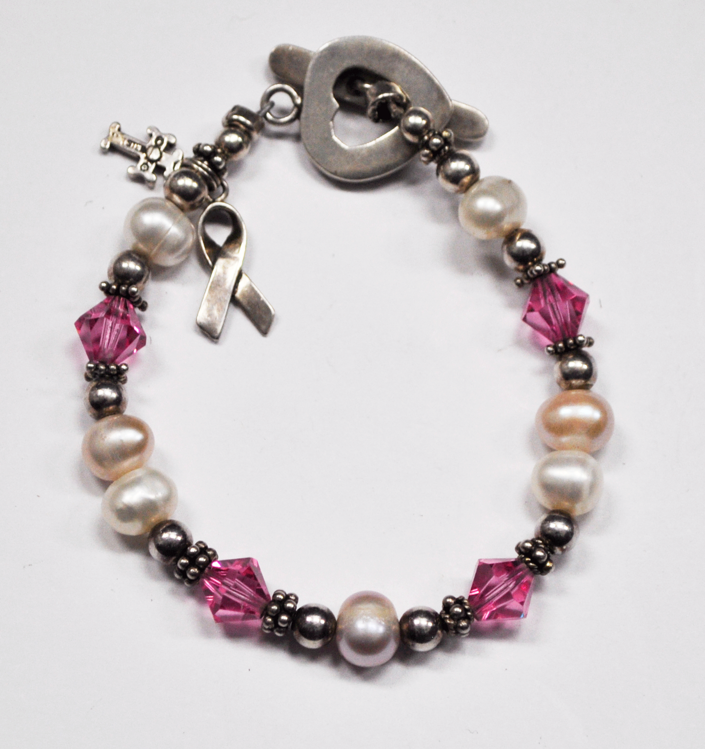 Silver Plated 8mm Bead Pearl Heart 11mm Toggle Bracelet 7" 2 Sterling Charms