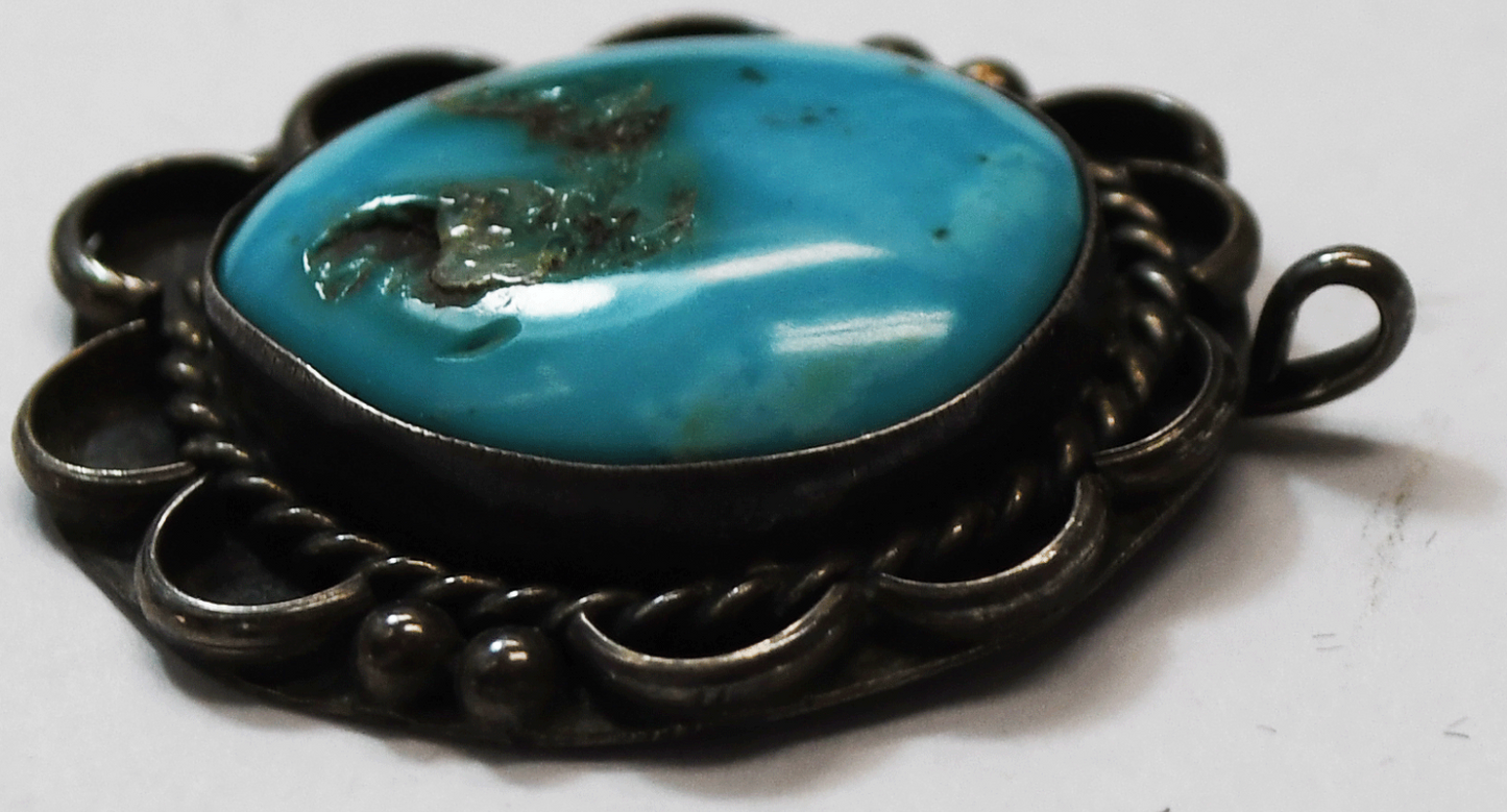 Antique Sterling Silver Round Turquoise Small Bale Pendant 33mm x 28mm