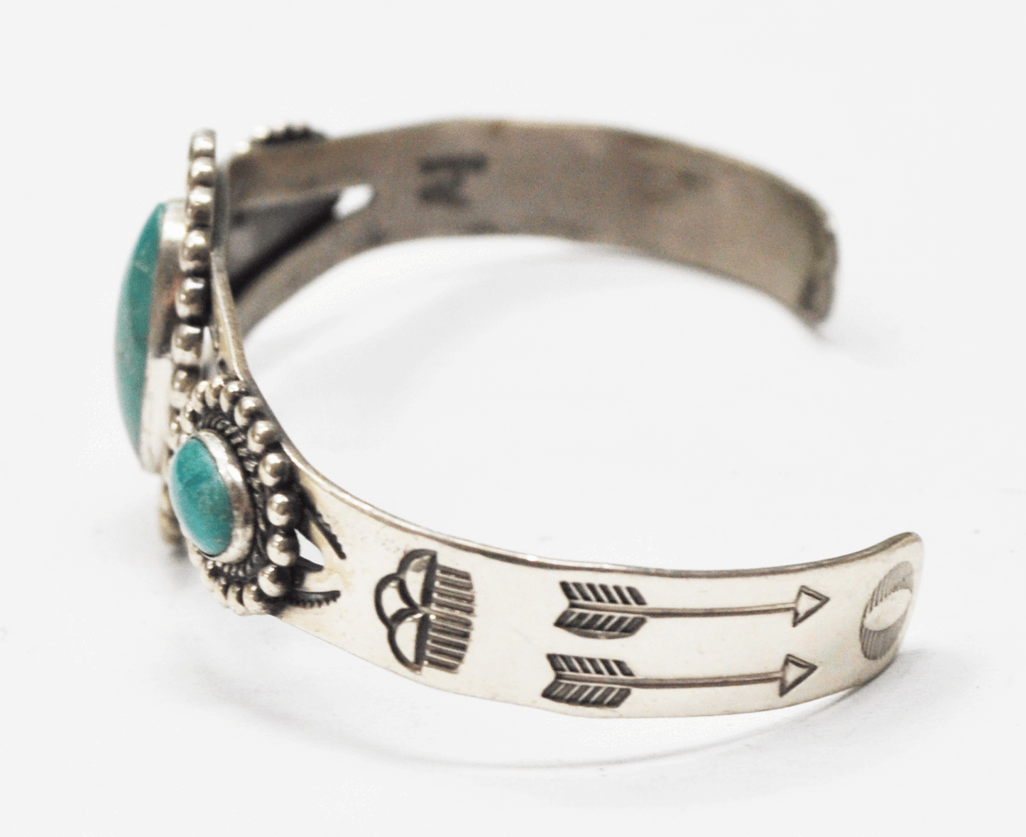 Sterling Triple Turquoise Antique Bell Trading Cuff 26mm Bracelet 7" Wrist