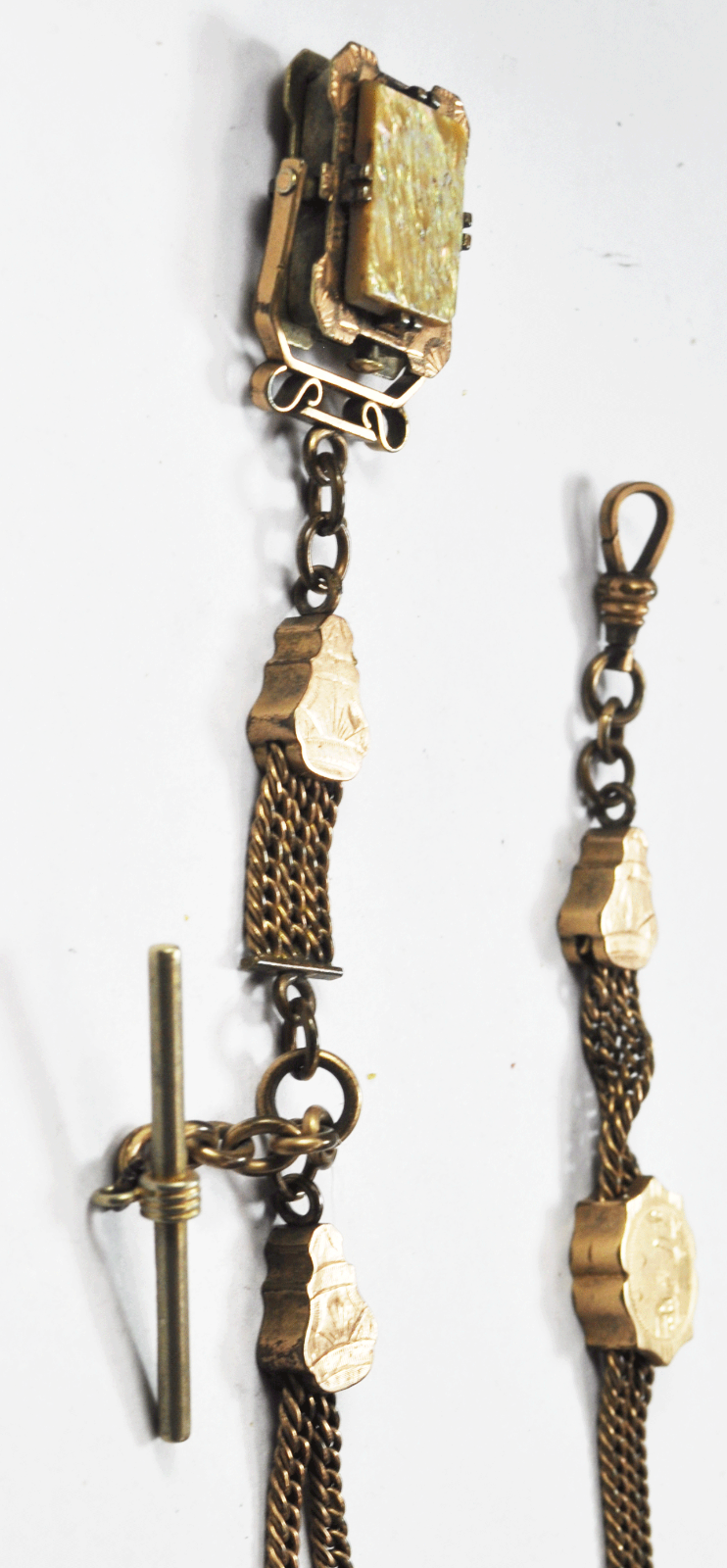 LWP Gold Filled Pocket Watch Double Chain Slide MOP Locket Fob 15-3/4"  55g