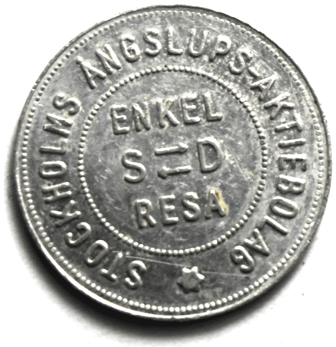 Stockholms Ångslups Aktiebolag Enkel S-D Resa Sweden Token Aluminum 23mm