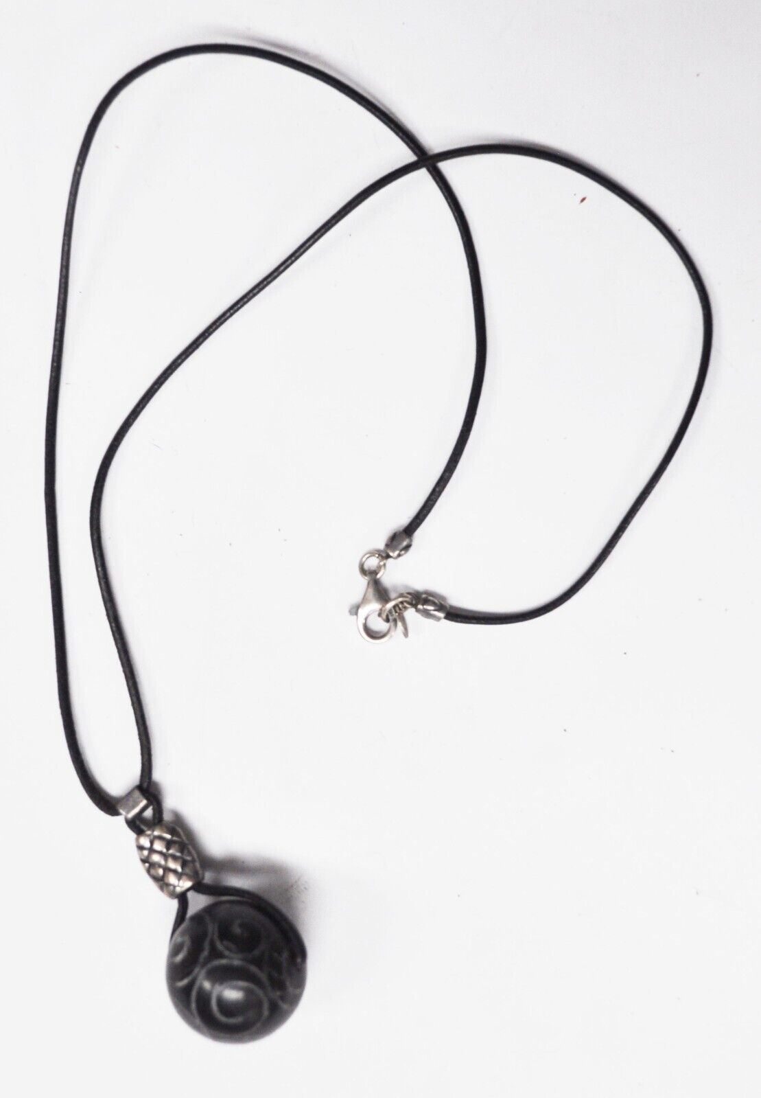 Sterling Silver Silpada Black Cord Necklace Carved Swirl Ball 48mm Pendant