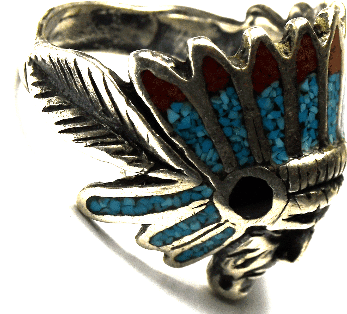 Sterling Silver Turquoise Coral Chip Inlay Chief Headdress Ring 26mm Size 8-1/2
