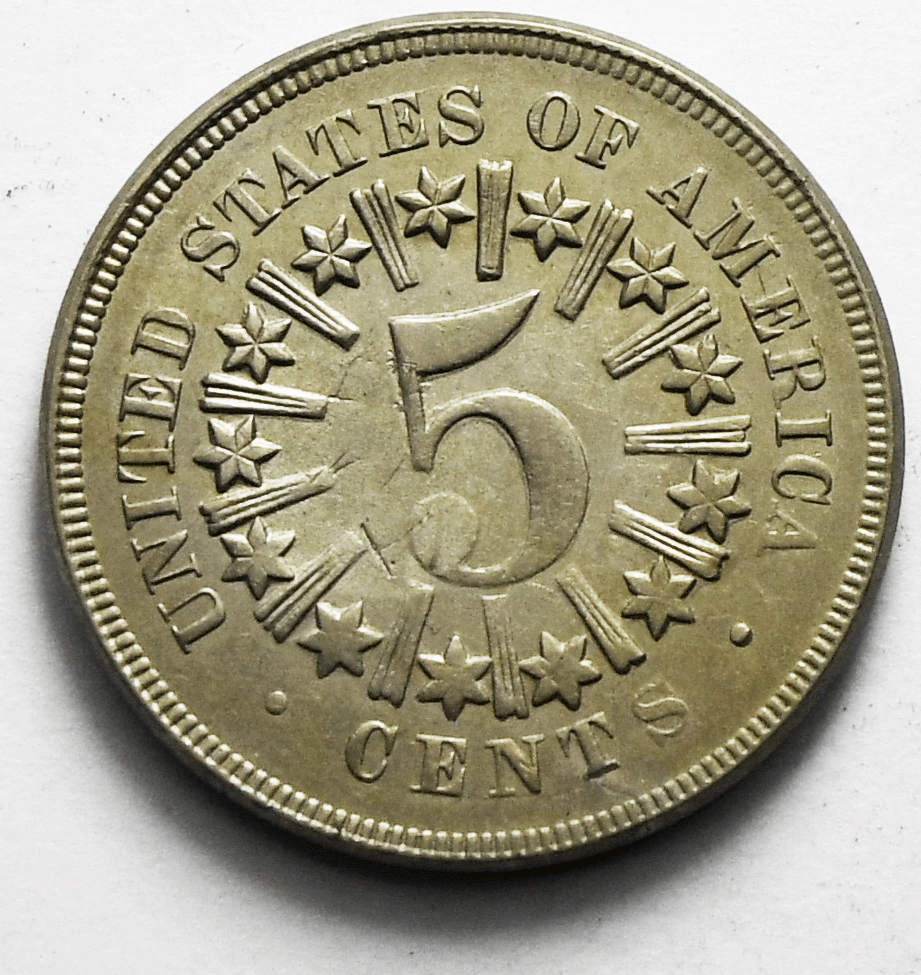 1867 Rays 5c Shield Nickel Five Cents US Coin AU
