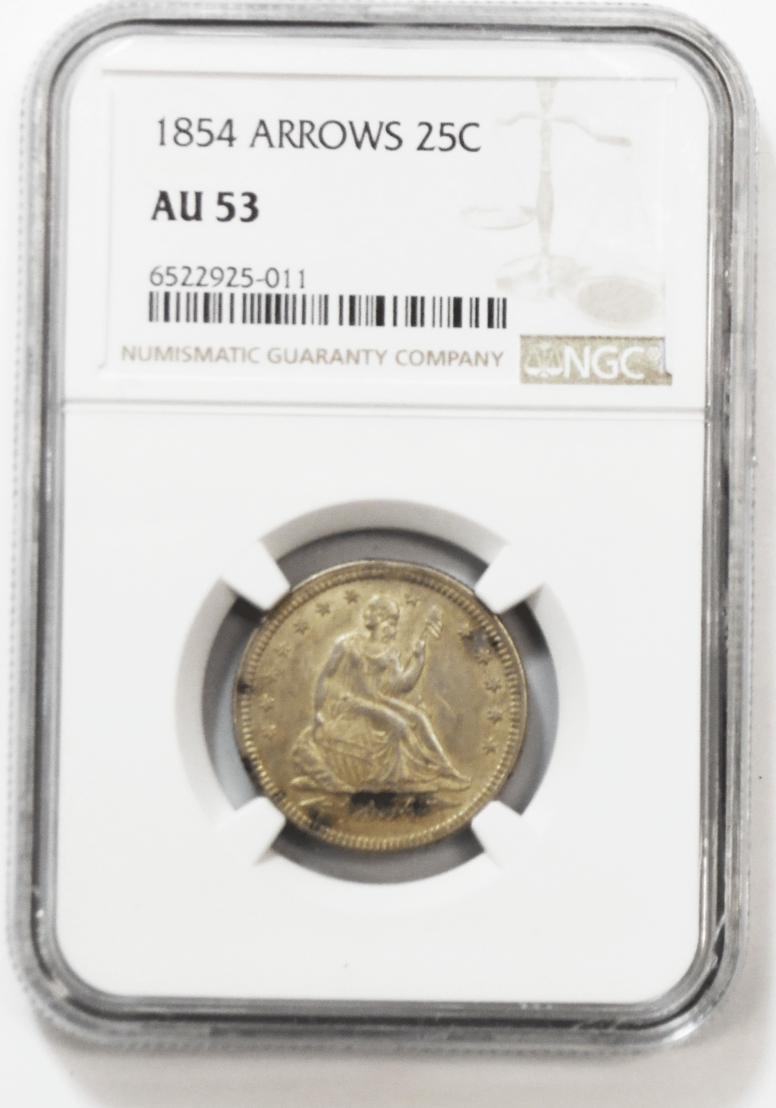 1854 Arrows 25c Seated Silver Quarter Dollar NGC AU53