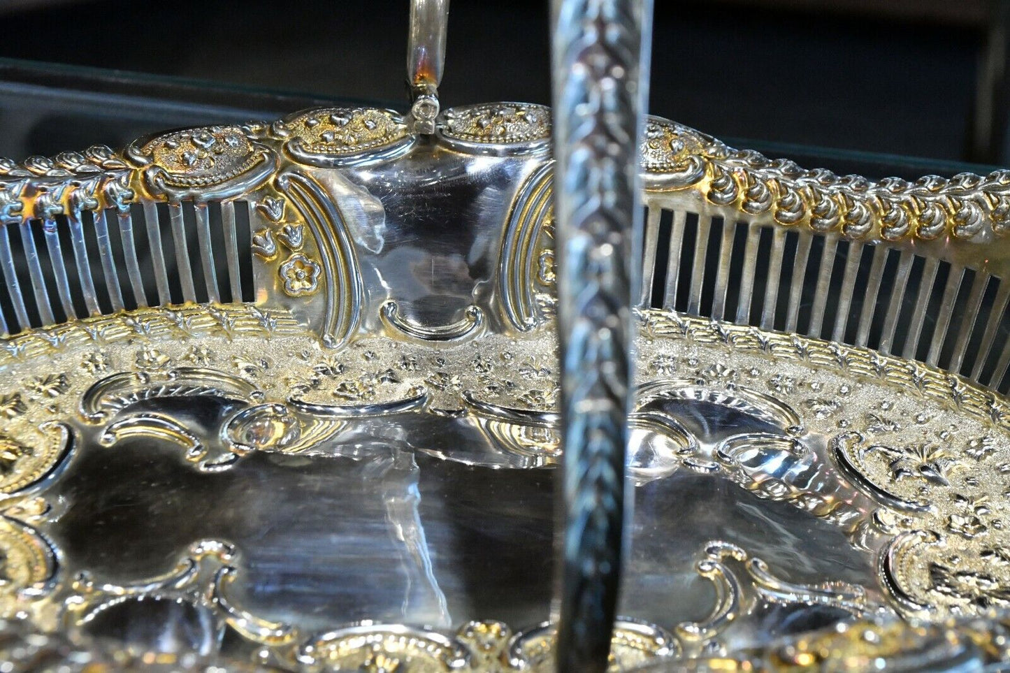 1899 Birmingham England Gold wash Sterling Floral Ornate Basket 12"x8" 13oz.