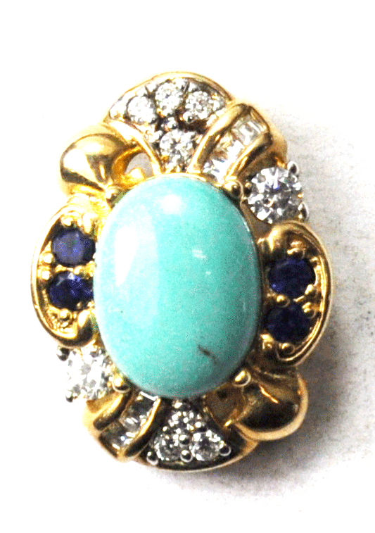 Sterling Silver Dyed Howlite Turquoise Oval Gold Tone CZ Pendant 16mm x 22mm