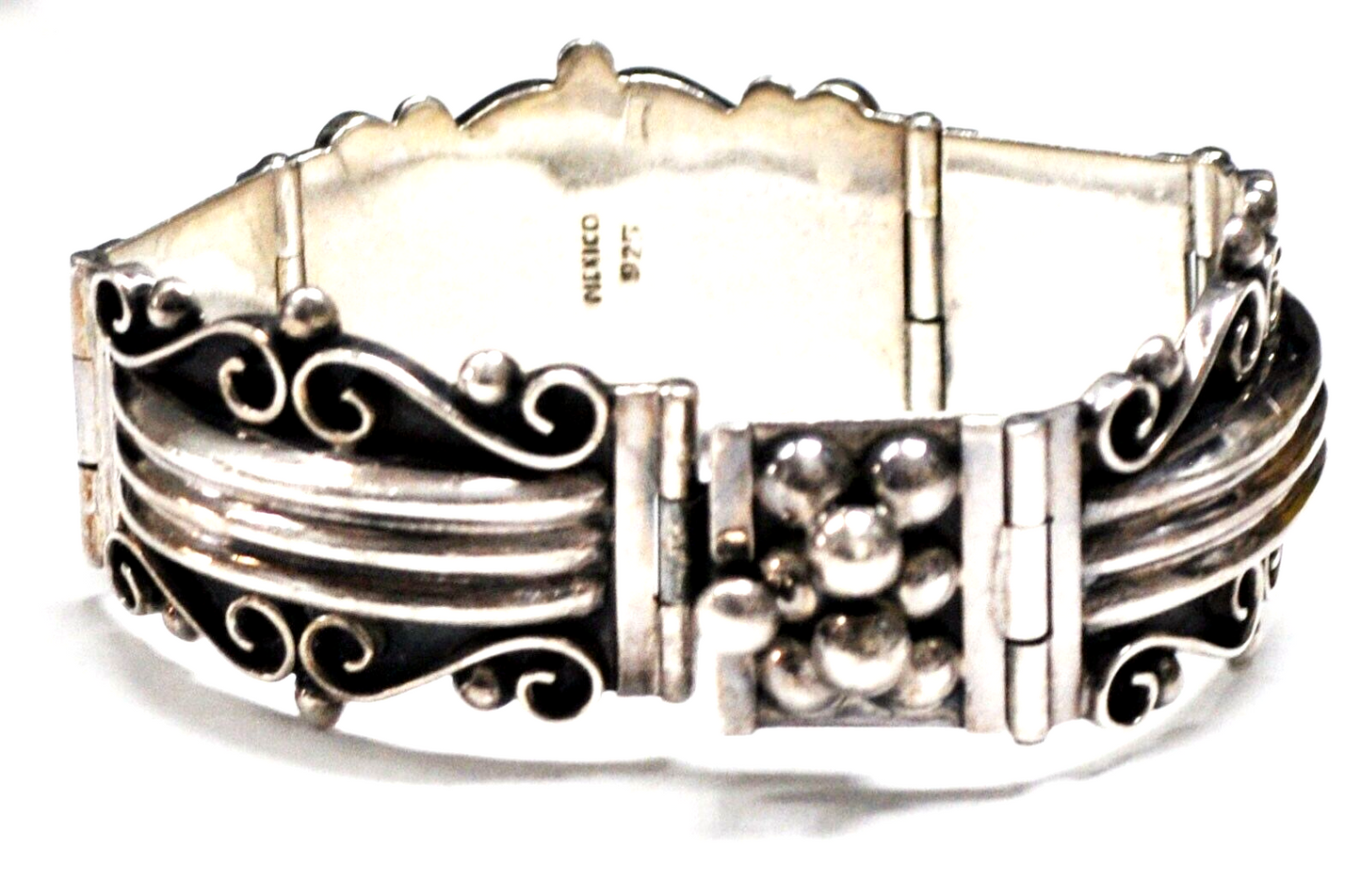 Sterling Silver Dot Cluster Scroll Stripe Link Bracelet 29mm 7-1/4"