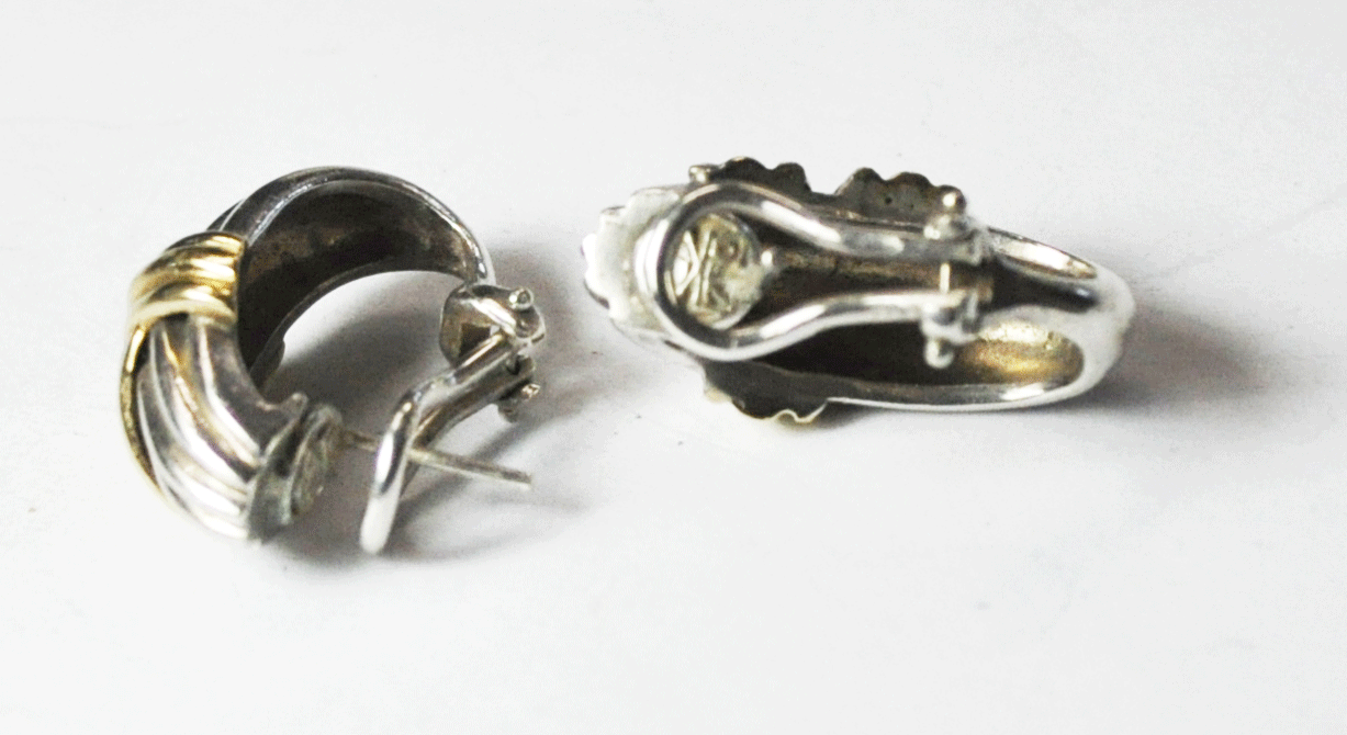 Sterling Silver Designer 18k Stripe Hoop Omega Earrings 13mm x 27mm