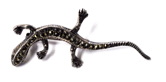Sterling Silver Marcasite Salamander Gecko Lizard Brooch Pin 49mm x 21mm