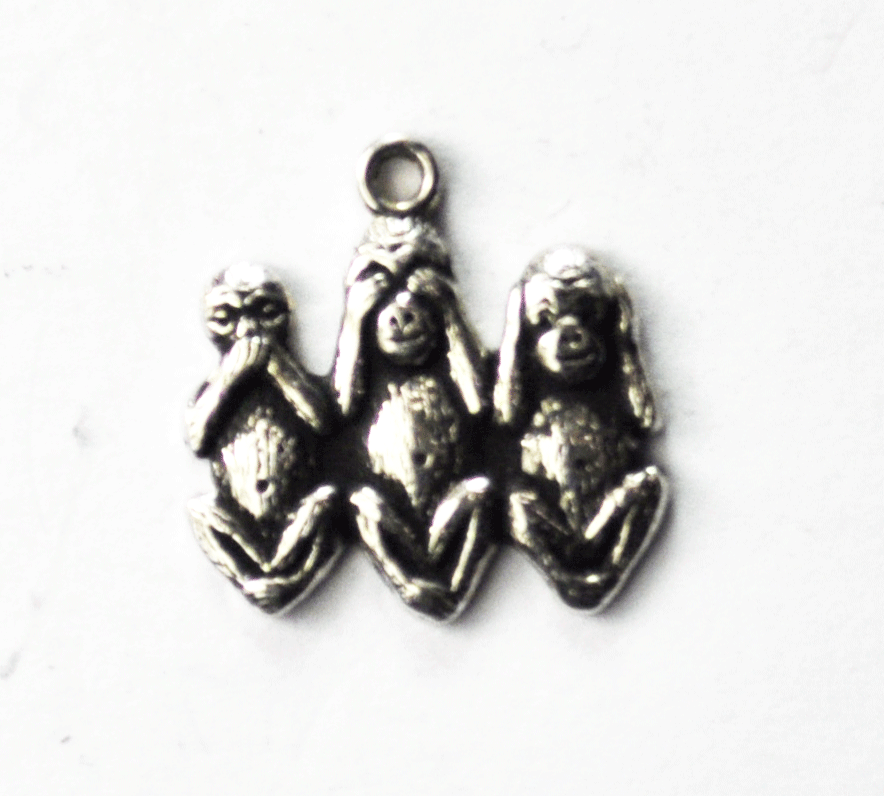Sterling Silver Griffith Hear Speak See No Evil 3 Three Monkey Charm 22mm x 10mm