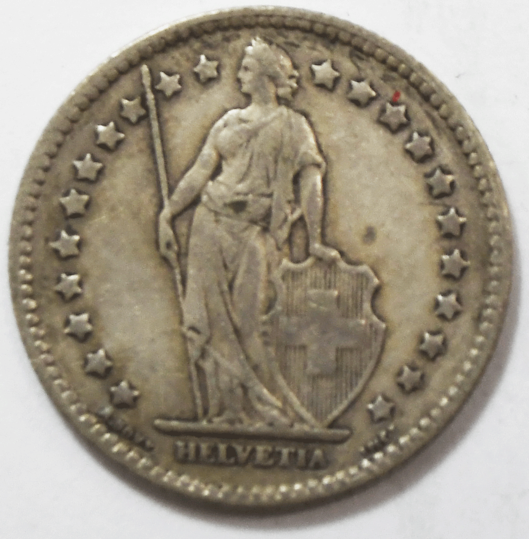 1921 B Switzerland One Franc Silver Coin KM# 24