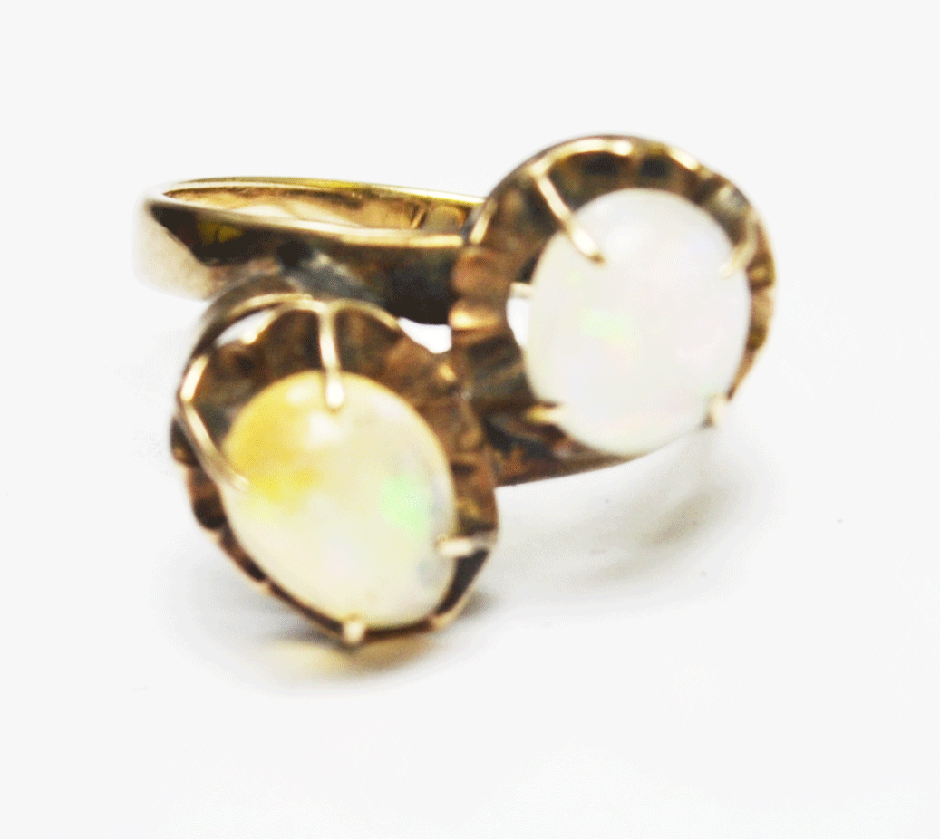 14kyg Antique Translucent Double Opal Bypass Ring 14mm Size 5
