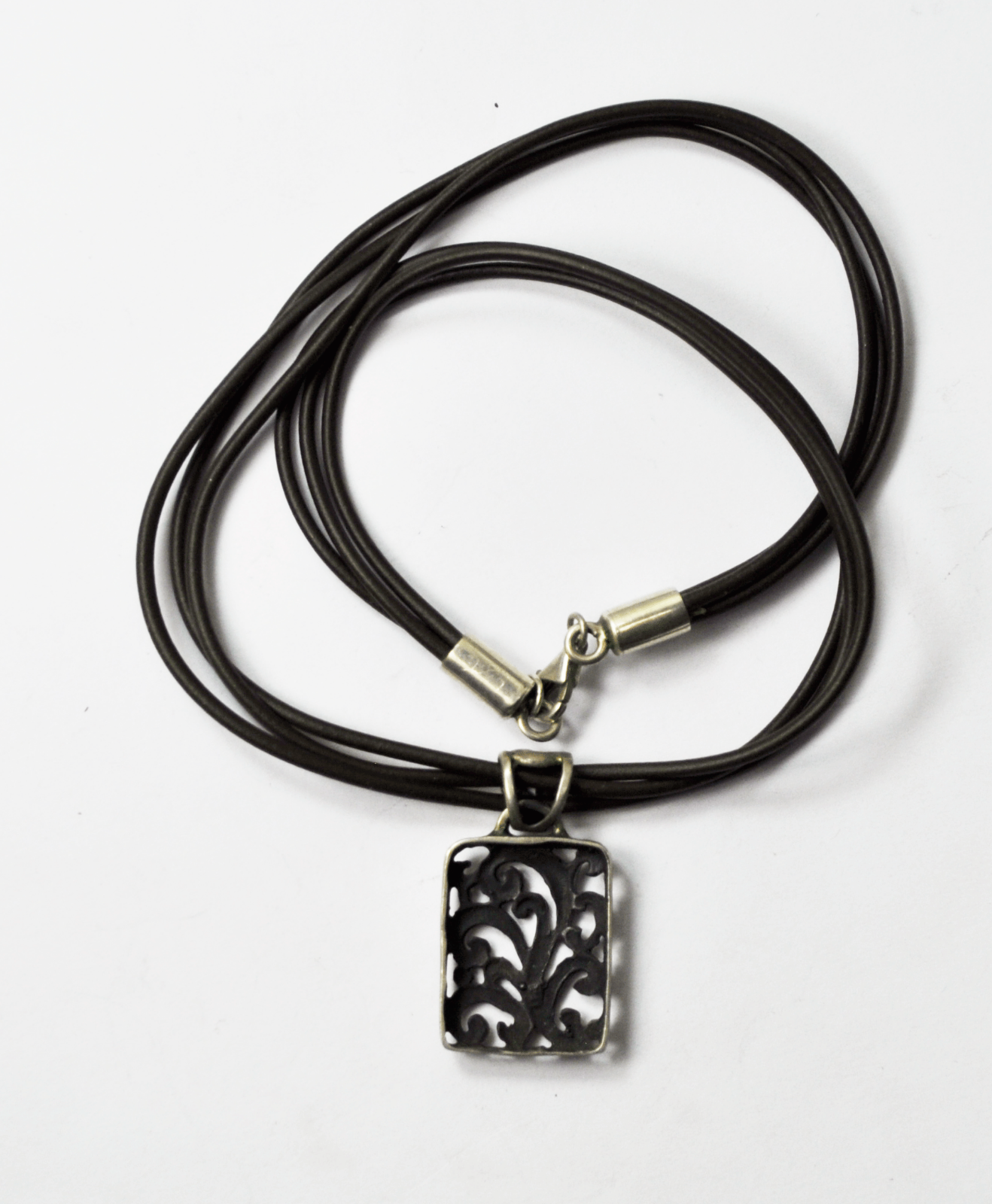 Sterling 17" Brown Leather Cord Necklace 1-3/8" Pendant Rectangle Filigree