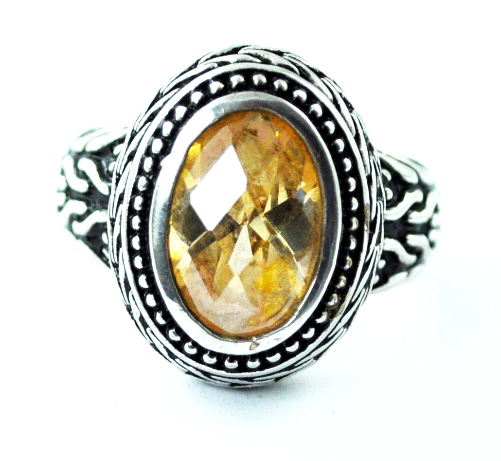 Sterling Silver NF Designer Wheat Dot Halo Peach CZ Ring 18mm Size 7