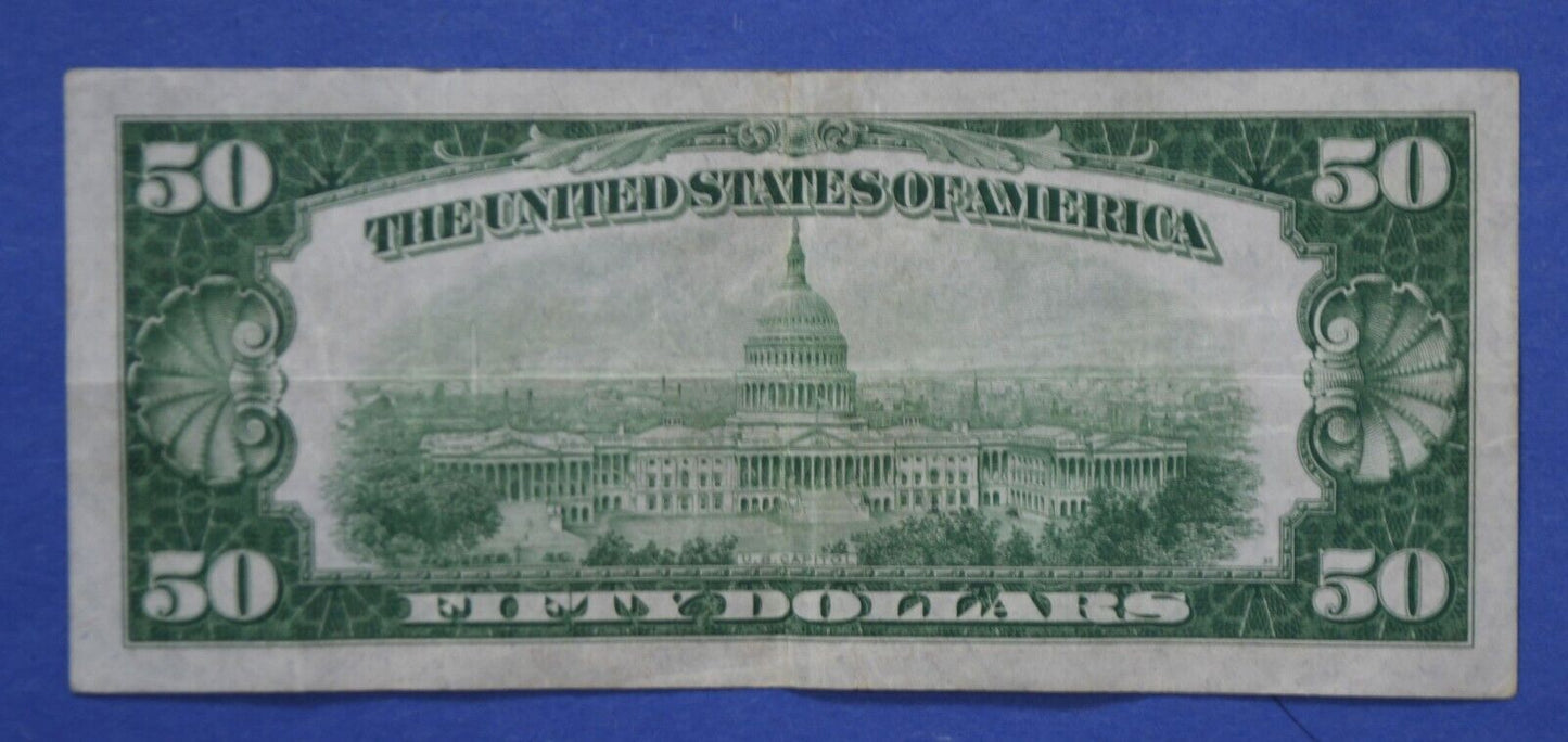 1934 $50 Federal Reserve Note J Kansas City J00159041A Vivid Light Green