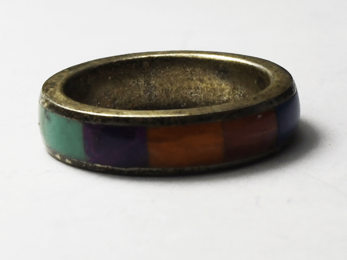 Sterling Silver Multi Stone Inlay Turquoise Coral Lapis Ring 5mm Band Size 8