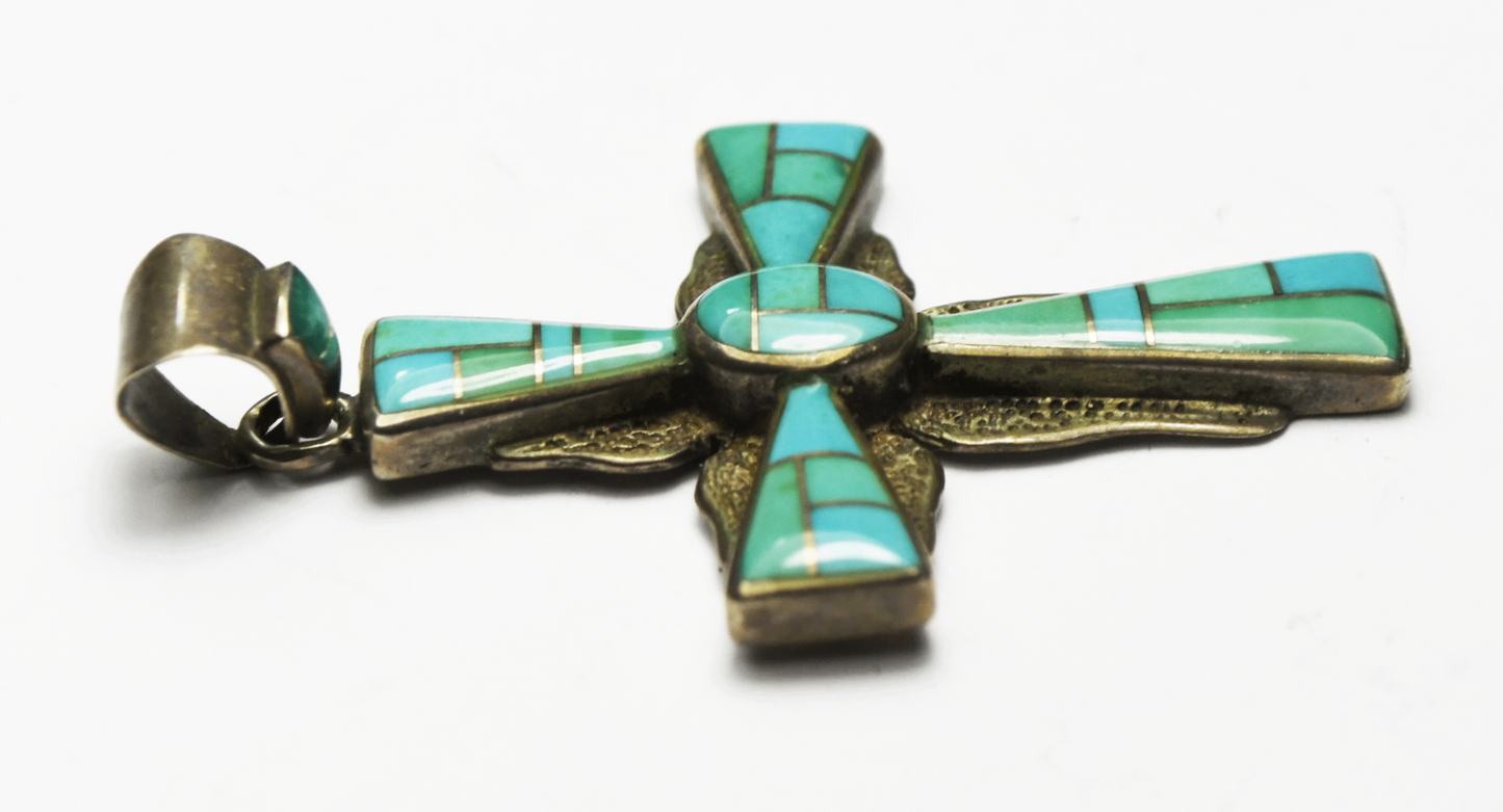 Sterling Silver Steve Francisco Turquoise Cross Pendant 52mm x 31mm
