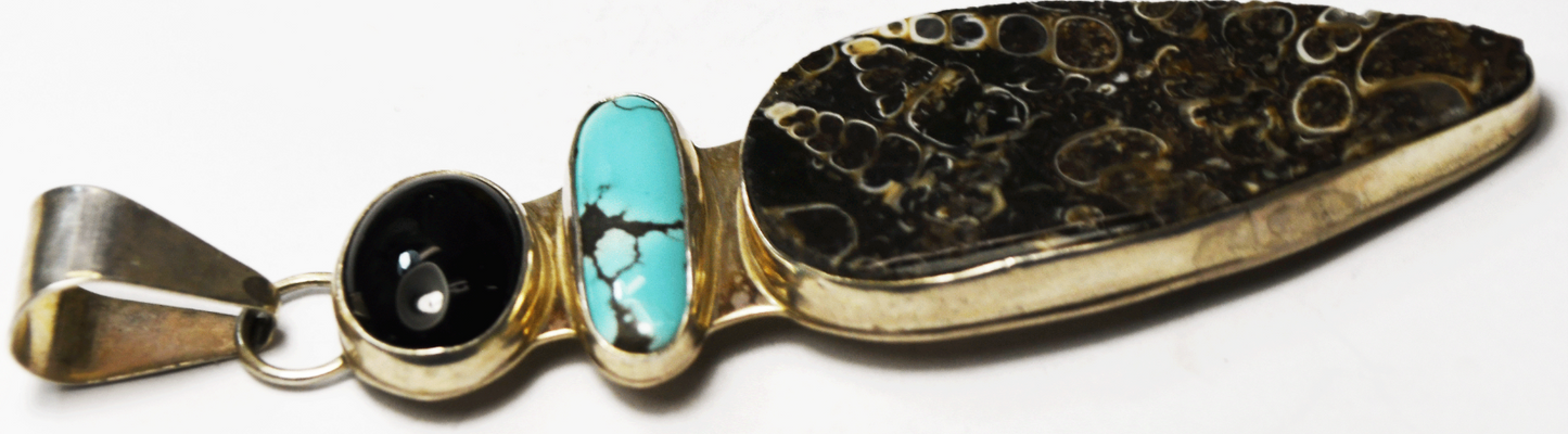 Sterling Turritella Turquoise Onyx Large Pendant 90mm x 23mm Cutout Reversible