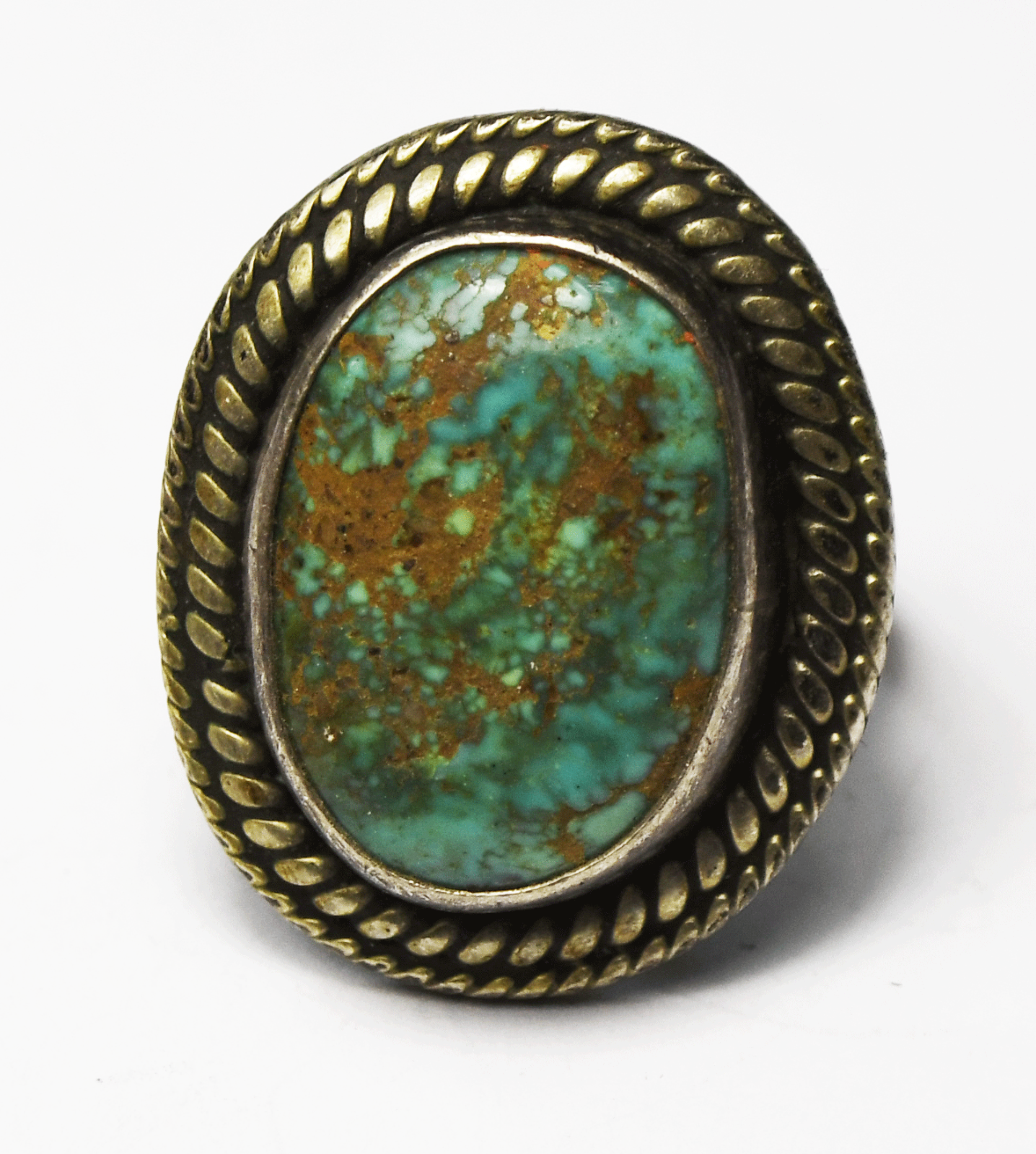 Vintage Sterling Oval Blue Green Turquoise Brown Matrix Ring 25mm Size 6.5