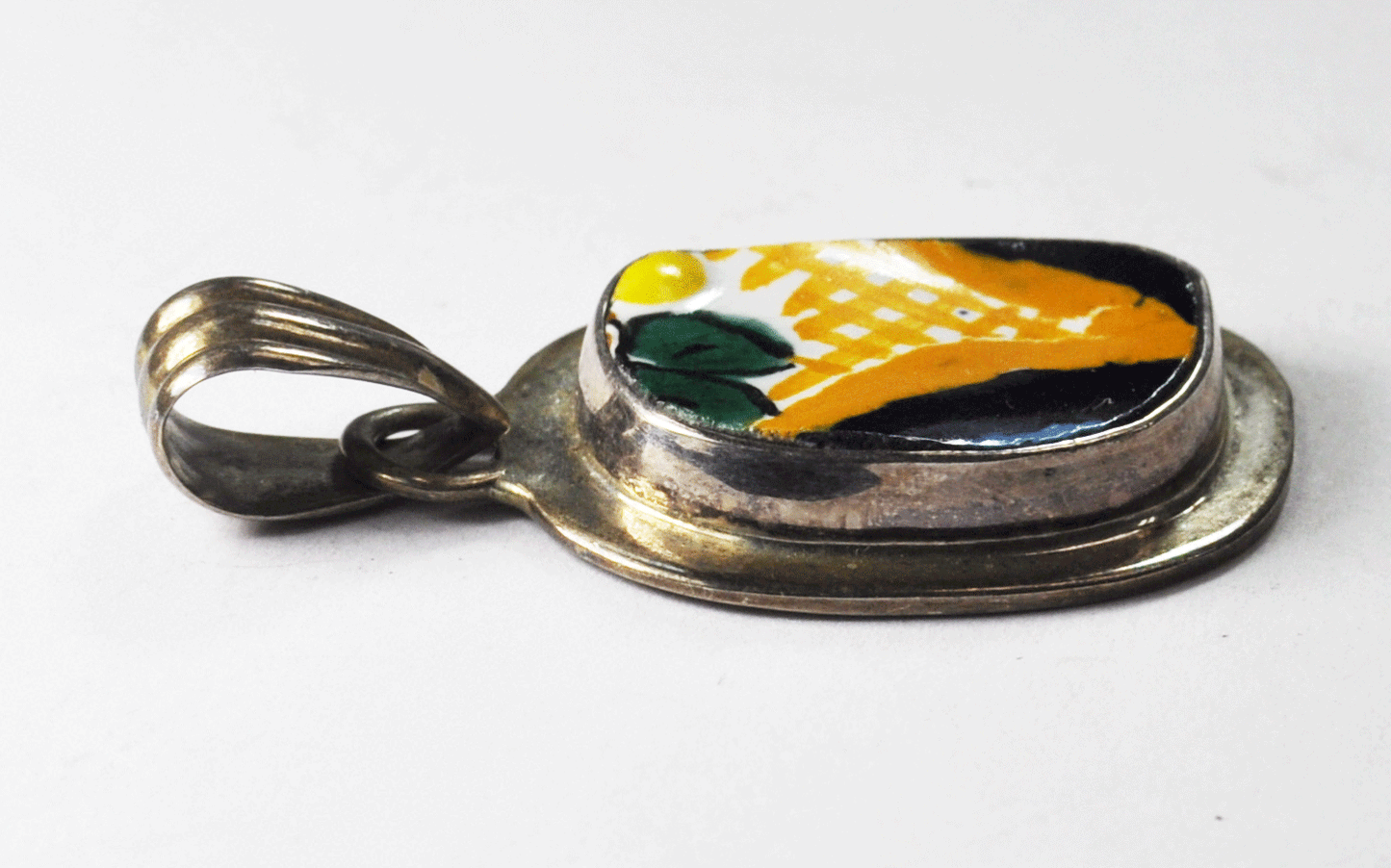 Sterling Yellow Blue White Enamel Green Leaf Bright Clorful Pendant 2" x 28mm