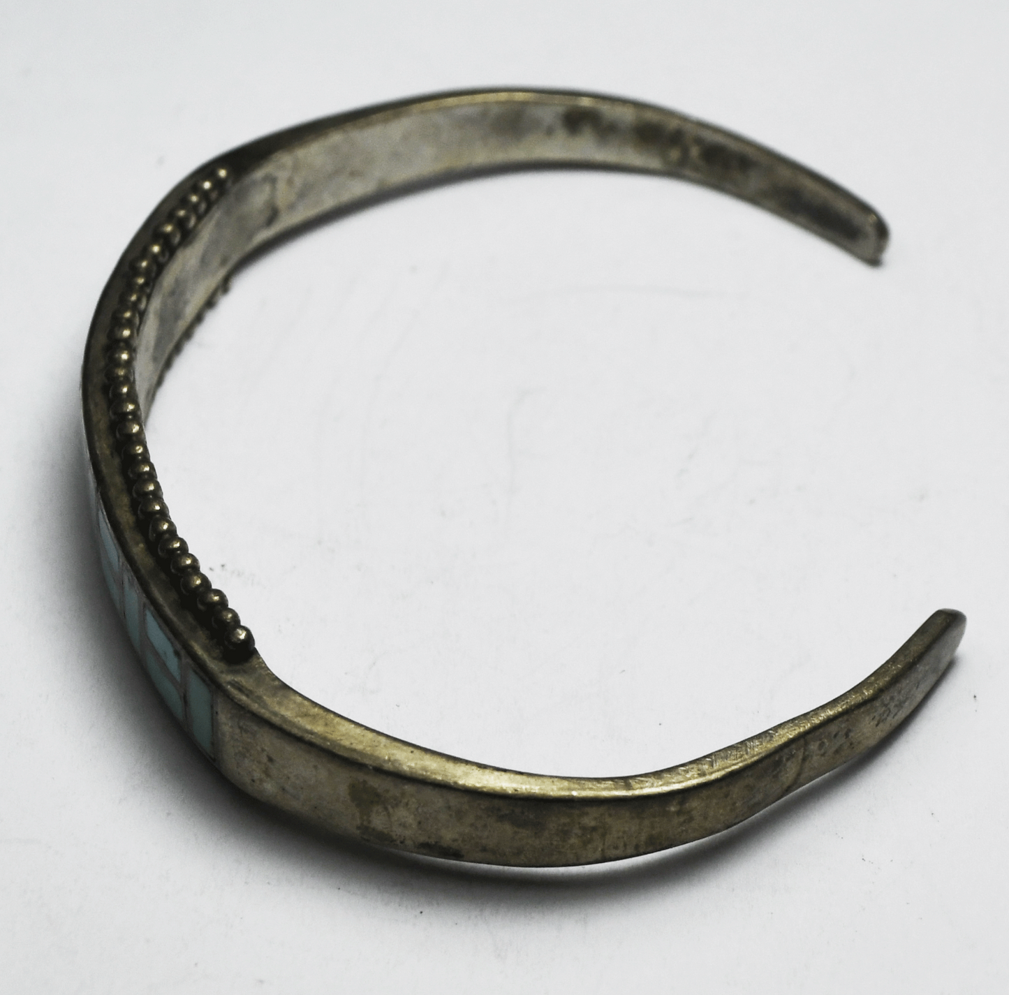 Antique Sterling Turquoise Inlay Rectangle Brick Cuff Bracelet 10mm 6.5" Wrist