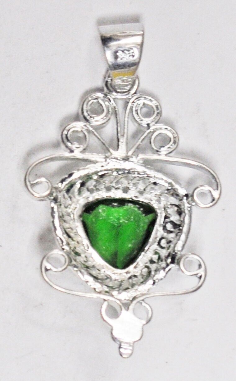 Sterling Silver Green Trillion Pendant 50mm x 29mm