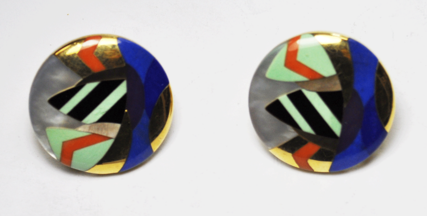 Asch Grossbardt 14k Zig Zag Modern Inlay Abstract Round Omega Earrings 27mm