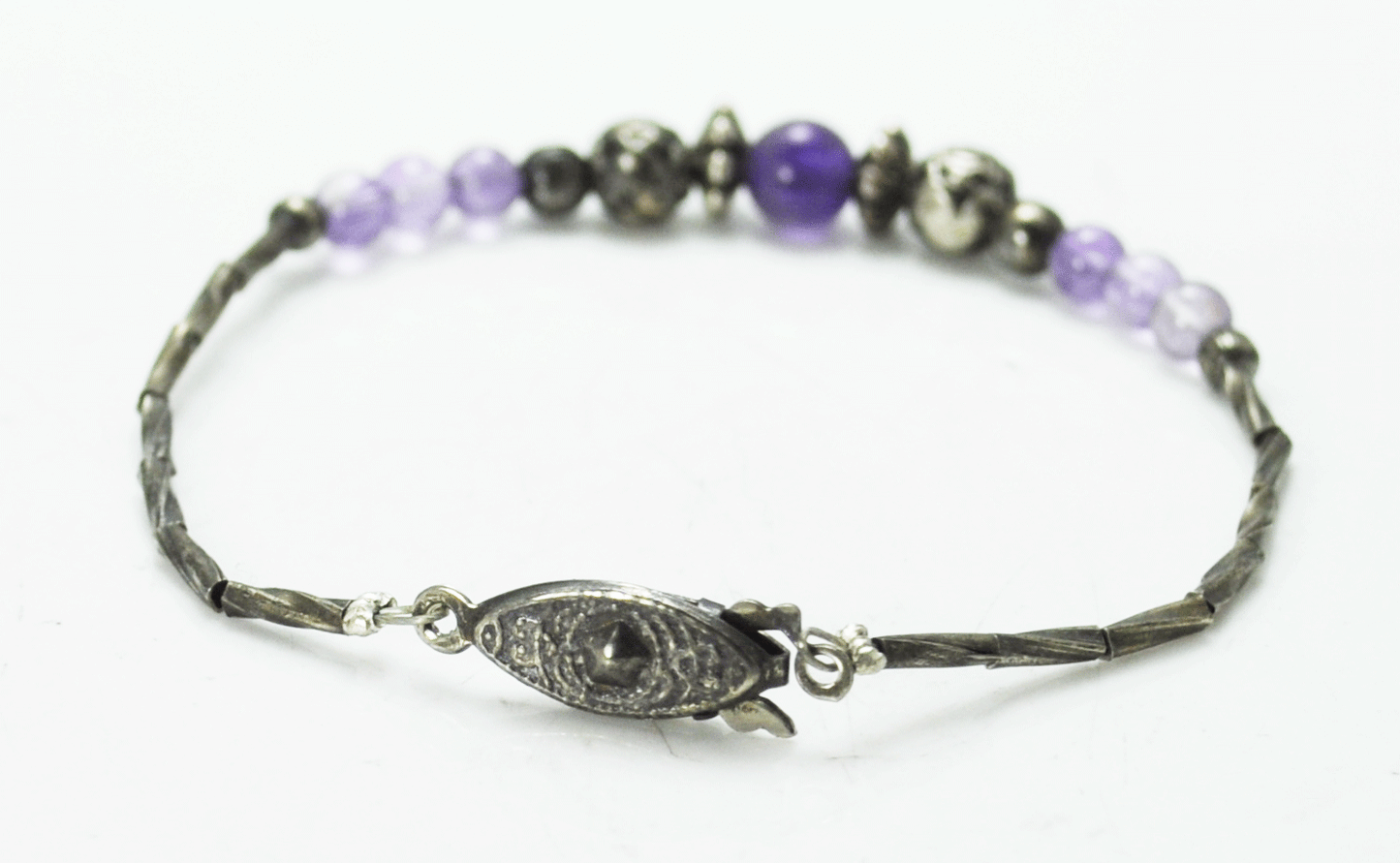 Vintage Liquid Silver Plated Purple Amethyst Bead Bracelet 6mm 6-3/4"