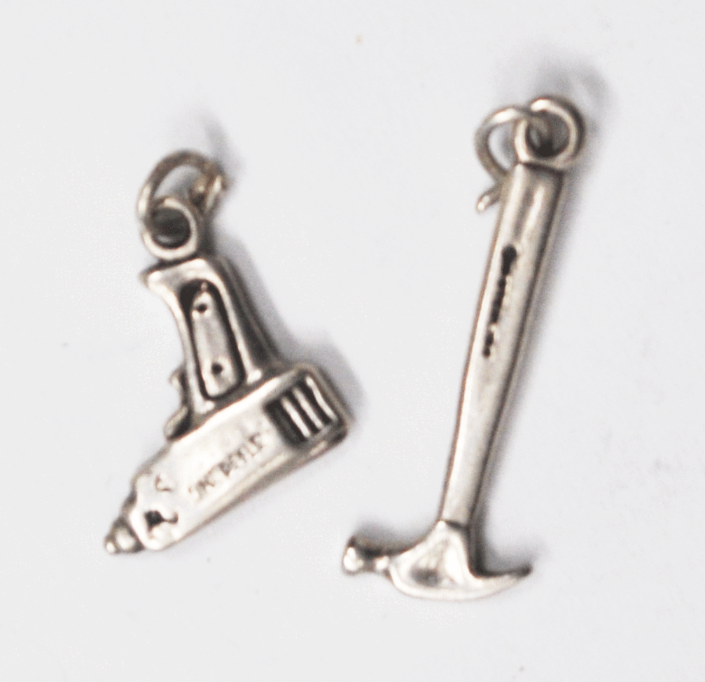 Sterling Silver Handyman 26mm Hammer 18mm Drill Charm Set