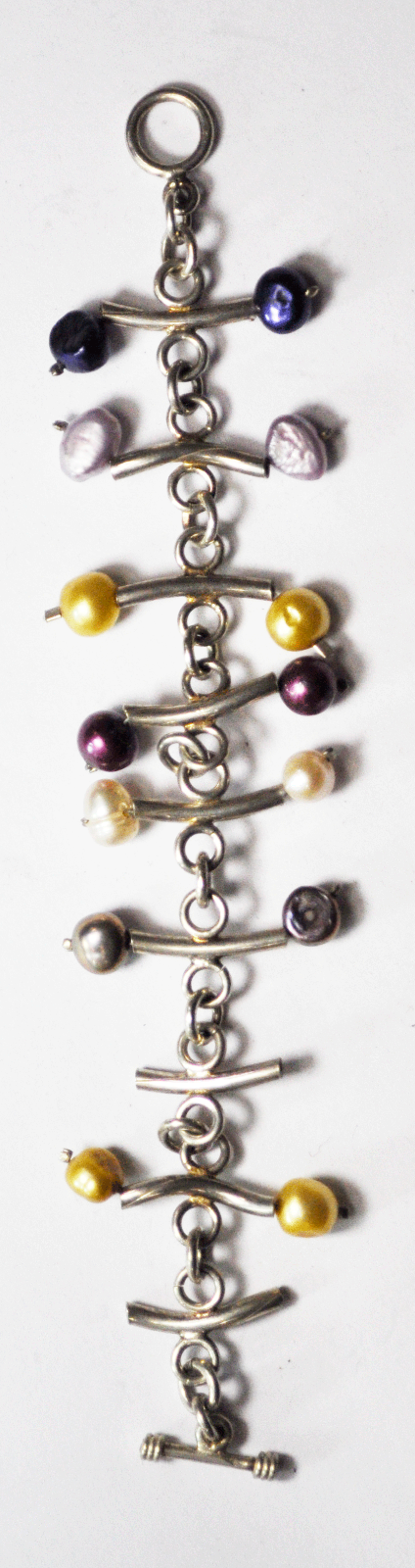 Sterling Silver Bone Color Pearl Bar Chain Link Toggle 40mm Bracelet 7"