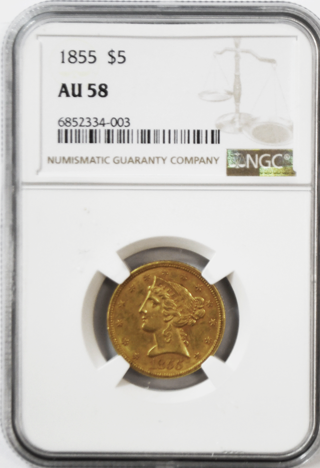 1855 $5 Liberty Head Five Dollars Gold Half Eagle Philadelphia NGC AU58