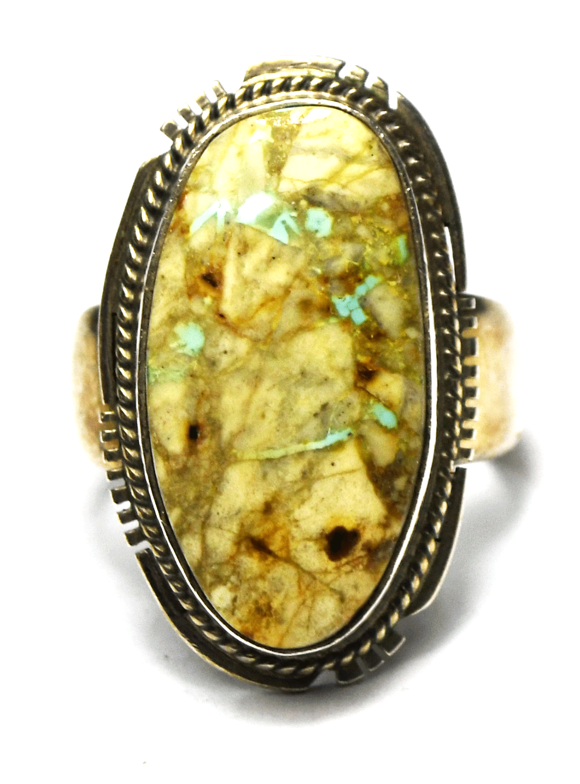 Sterling Silver Cream Oval Stone Small Turquoise Spots Ring 28mm Size 8-1/2