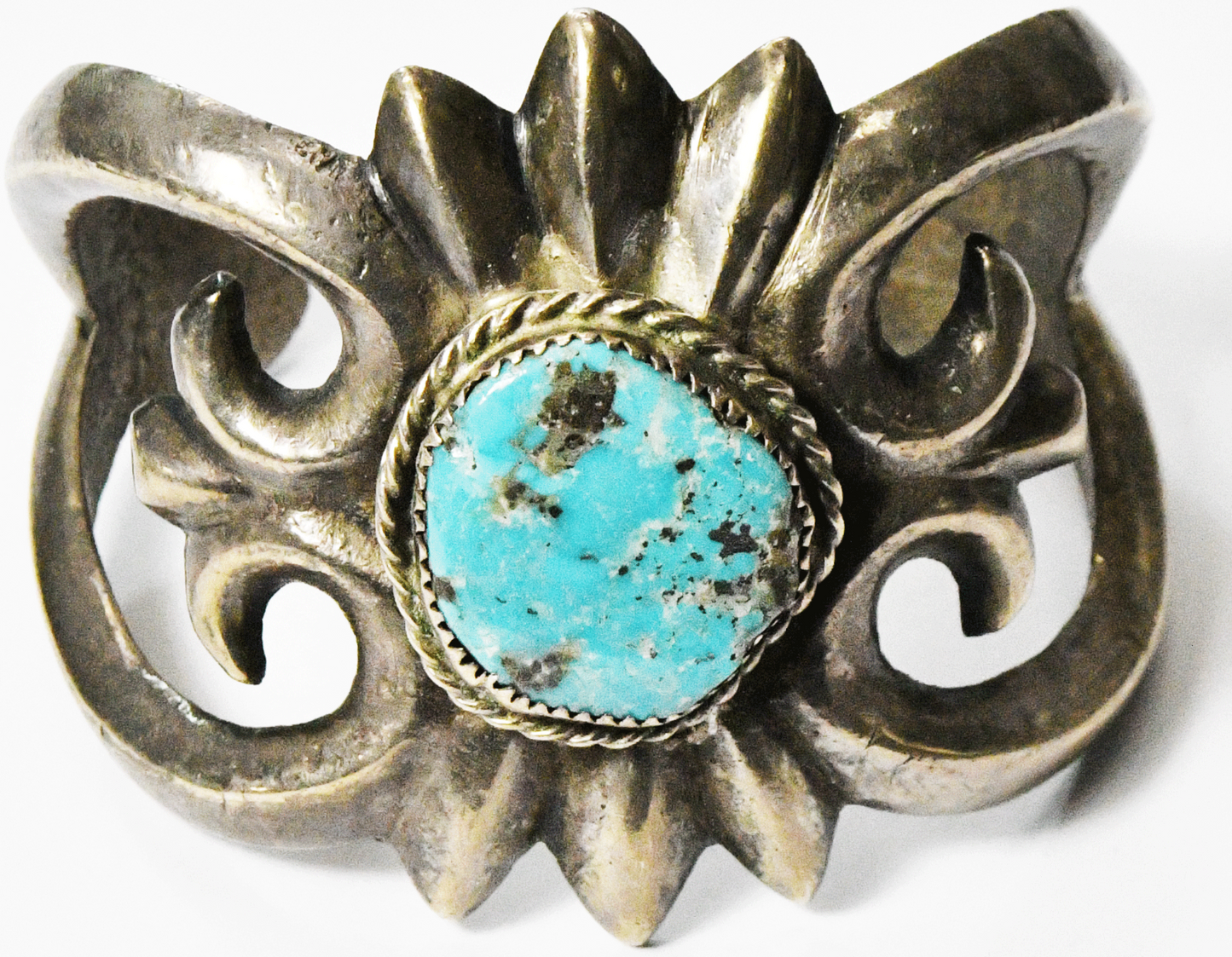 Antique Sterling Sand Cast Spiked Edge Turquoise Scroll Cuff Bracelet 52mm