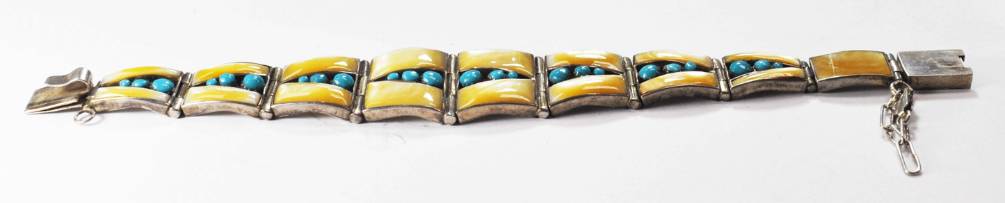 Sterling Silver Yellow MOP Turquoise Inlay Link Tapered Cuff Bracelet 37mm 8"