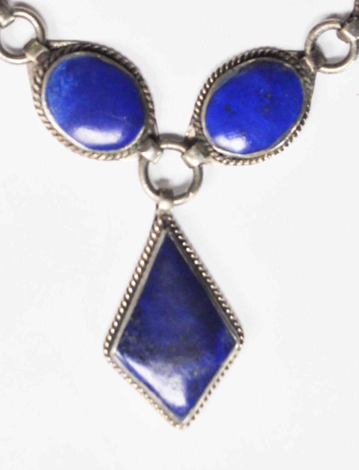 Silver Plated Oval 17mm Square Lapis Link Necklace 36mm Pendant 19-3/4"