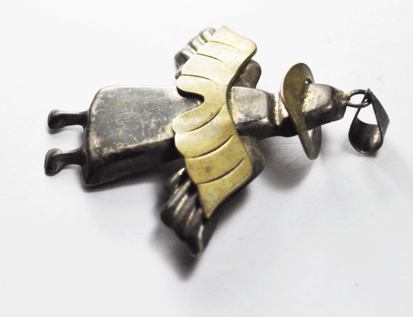 Sterling Mexico Angel Halo Wings Two Tone 3-1/8" x 3" Pendant 6mm Bale