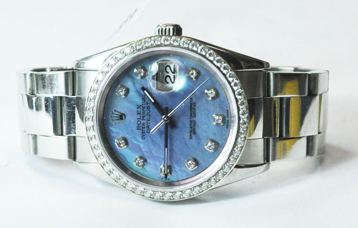 Rolex Datejust 16200 Diamond Blue MOP Dial Bezel 36mm S/S Sticker Back