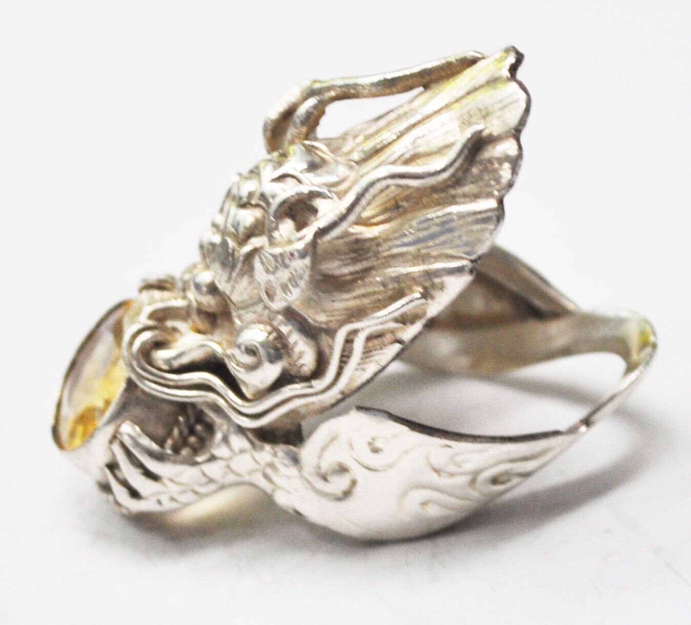 Sterling Silver PTI Nepal Citrine in Dragon's Mouth Ring 42mm Size 8