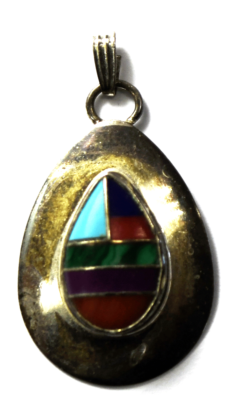 Sterling TK Emerson Inlay Teardrop Pendant Coral Malachite Turquoise 34x18mm