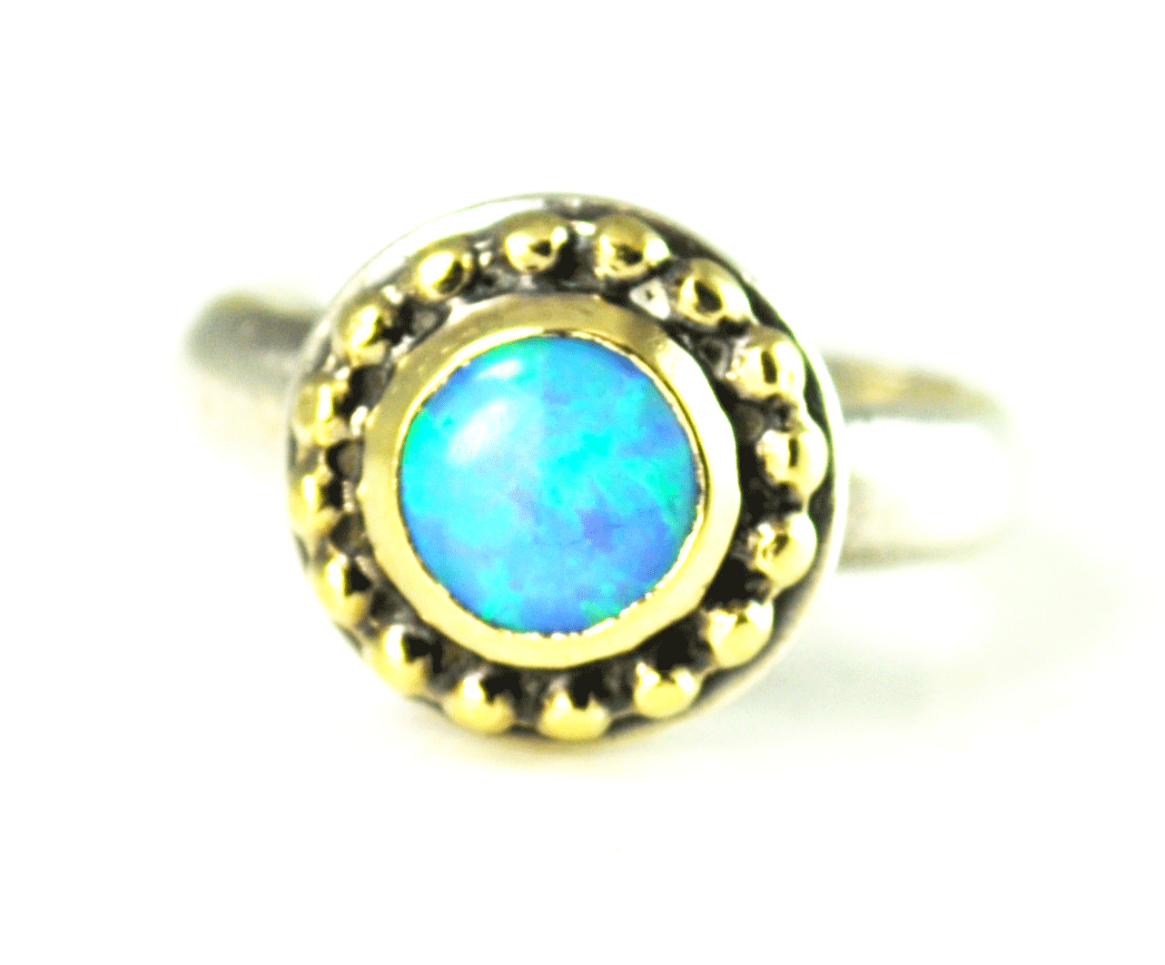 Sterling Silver Fire Opal Round Solitaire Two Tone MGS Ring 13mm Size 7