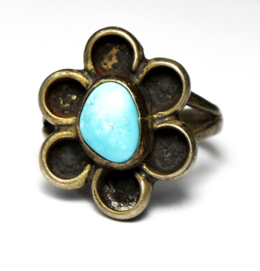 Vintage Sterling Silver Turquoise Flower Ring 21mm Size 8.5