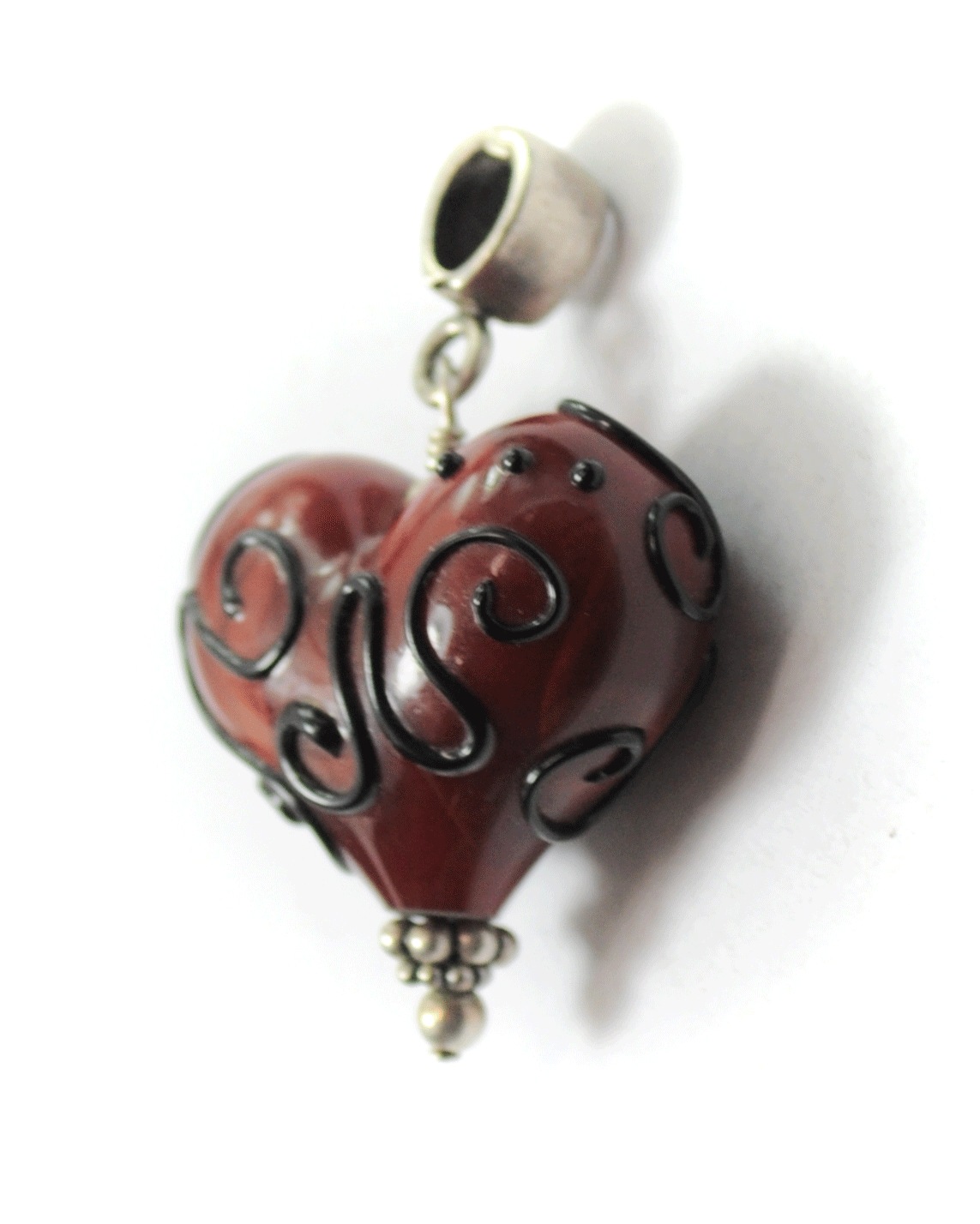 Sterling Silver SK Red Murano Glass Heart Black Swirl SK925 28mm x 42mm